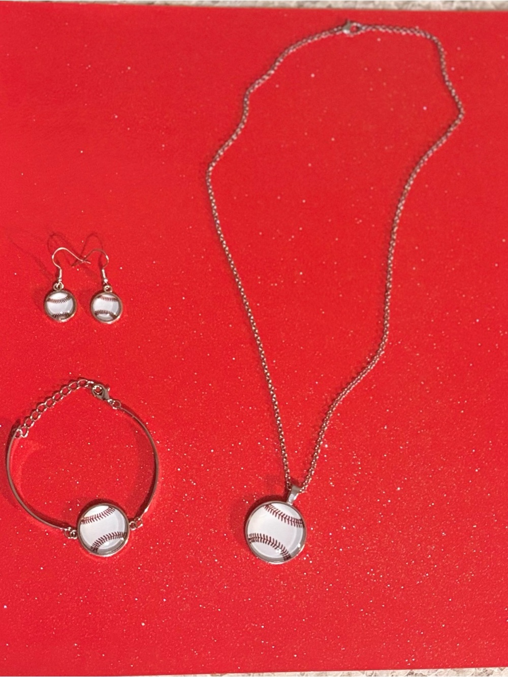 Silver Baseball Pendant Necklace and Earring Set - White Baseball Design